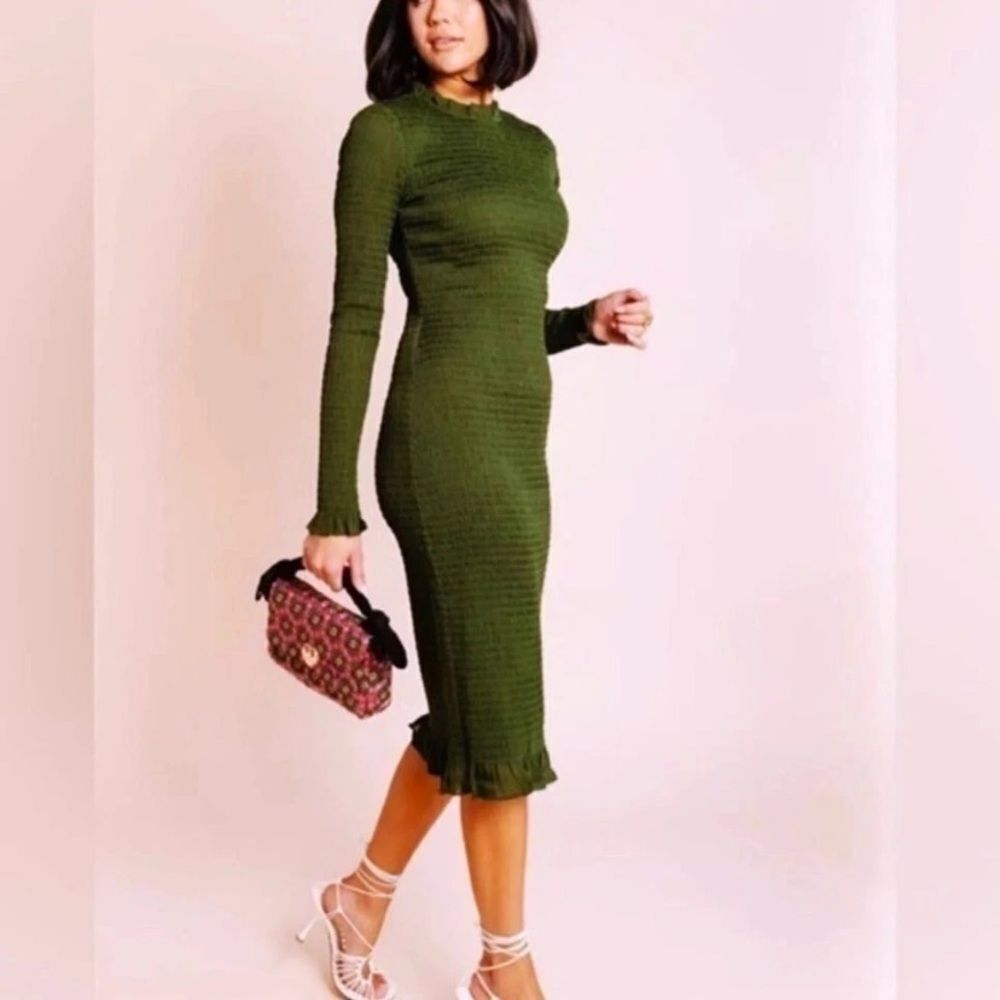 Rachel Parcell Green Long Sleeve Smocked Bodycon Dress Party Size XS